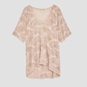 ZARA Tan Leaf Palm Tee Shirt Tropical Sheer Raw Basic S/M Stretch Burnout NEW